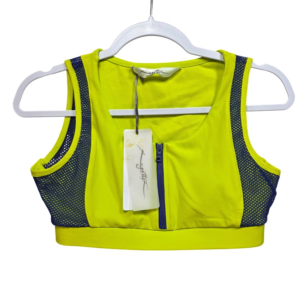 X by Gottex Sports Bra Womens M Neon Yellow Navy Blue Zip Front Mesh Activewear